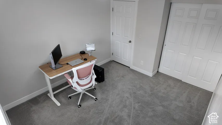 Neutral-toned room featuring wall-to-wall carpeting, a swinging solid-core door, and a dual-panel sliding closet
