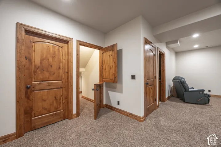Stained wood doors with arched detailing, neutral carpeting, and recessed ceiling lighting