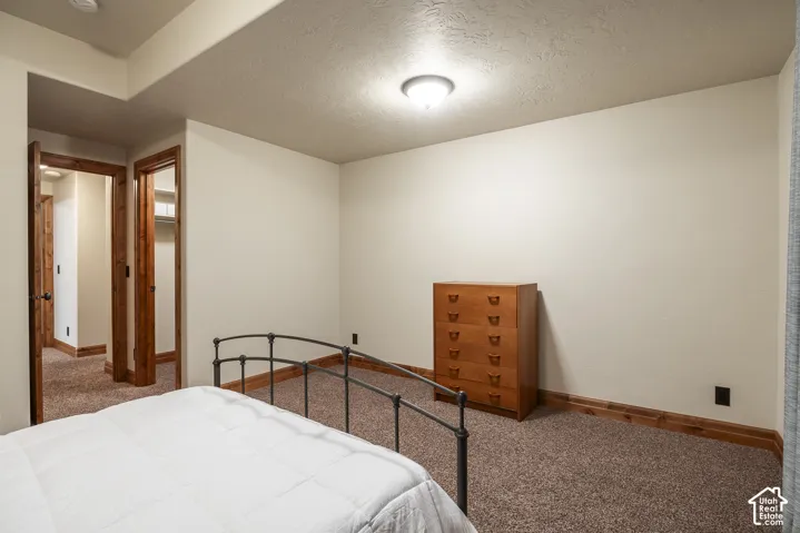 Room featuring neutral wall tones, textured carpeting, wooden door and window casing, recessed ceiling area, and a flush-mount light fixture