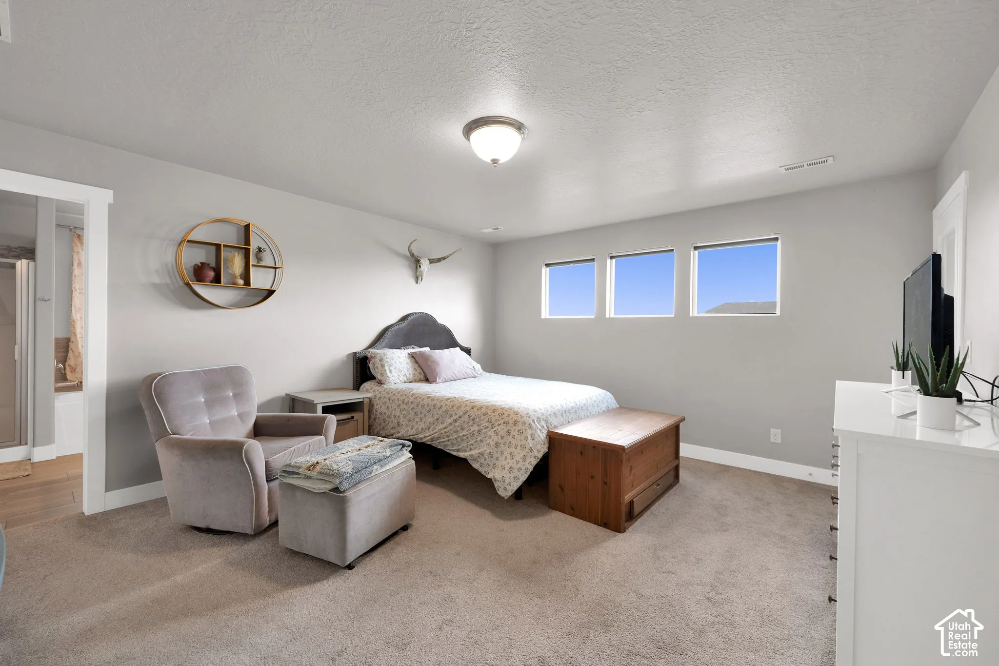 Neutral-toned walls, high-set horizontal windows, wall-to-wall carpeting, and a flush-mount dome ceiling light fixture