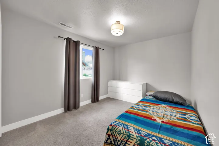 Neutral wall palette, wall-to-wall carpeting, single-pane window, and semi-flush mount drum lighting