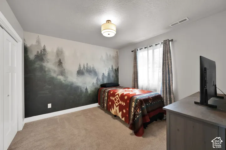 Interior room featuring neutral-tone carpeting, a large-scale forest wall mural, multi-panel closet doors, and a semi-flush mount ceiling fixture