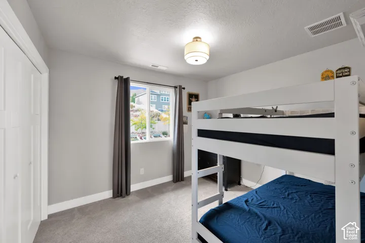 Neutral wall-toned room featuring plush carpeting, a multi-panel door closet, and a ceiling-mounted light fixture