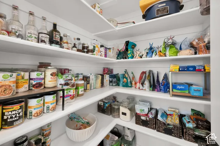 Walk-in pantry featuring white horizontal shiplap walls and multi-level wrap-around shelving