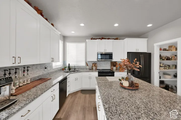 Kitchen featuring white cabinetry, stone-finish countertops, an expansive center island, wood-finish flooring, and a walk-in pantry