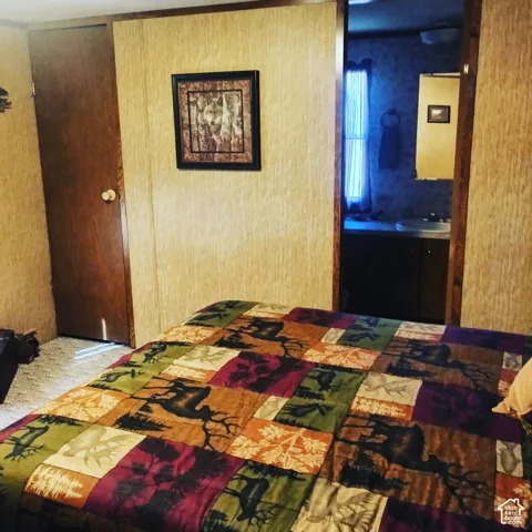 Interior room featuring wood-texture wall paneling, a solid-core interior door with circular knob, and a vanity area equipped with a round basin sink and wall-mounted mirror