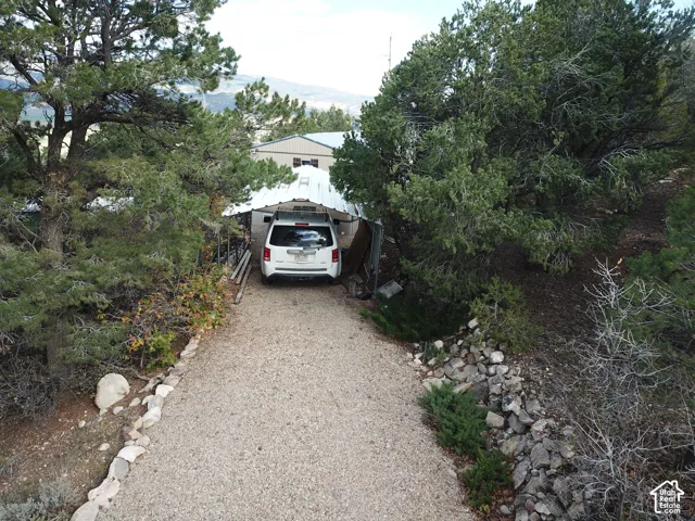 Gravel driveway featuring stone border edging, mature evergreen trees, and a metal-roofed carport