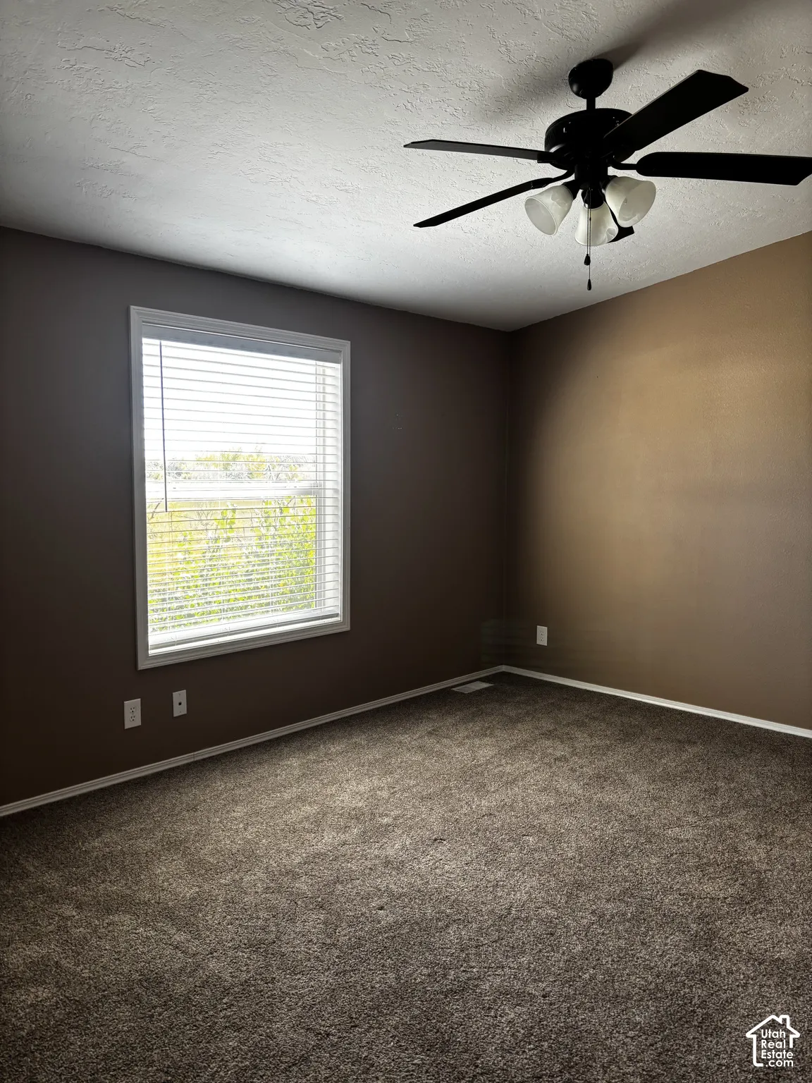 Neutral-toned interior space featuring carpeting, a single window with horizontal blinds, and a multi-blade ceiling fan with integrated lighting