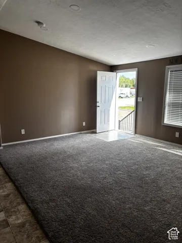 Neutral-toned interior space featuring recessed ceiling lighting, wall-to-wall carpeting, and a multi-panel exterior door