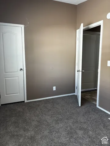 Interior space featuring neutral-tone walls, gray carpeting, and two white panel doors with metallic hardware