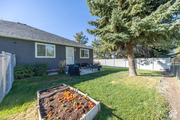 Backyard featuring a concrete patio, perimeter privacy fencing, raised garden beds, and mature evergreen trees