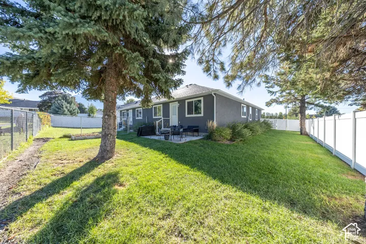 Rear exterior featuring dark gray siding, a concrete patio, white vinyl perimeter fencing, and mature evergreen trees