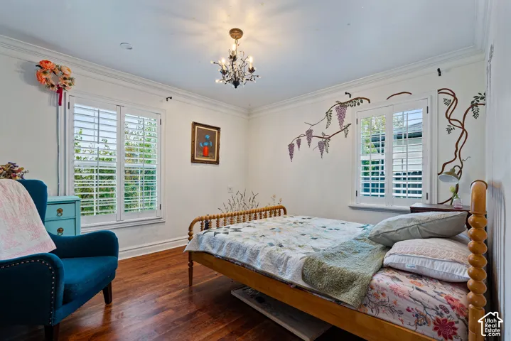 Wood-finish flooring, plantation shutters, crown molding, and multi-arm chandelier