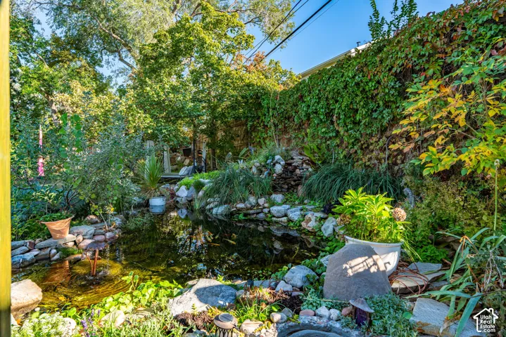 Landscaped koi pond with stacked stone edging, tiered water feature, and mature perennial plantings set against a vine-covered retaining wall