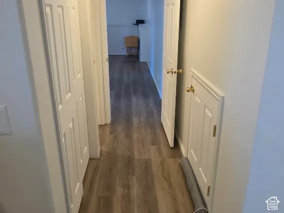 Hallway featuring wood-finish flooring, white walls, flush-mount lighting, and white doors