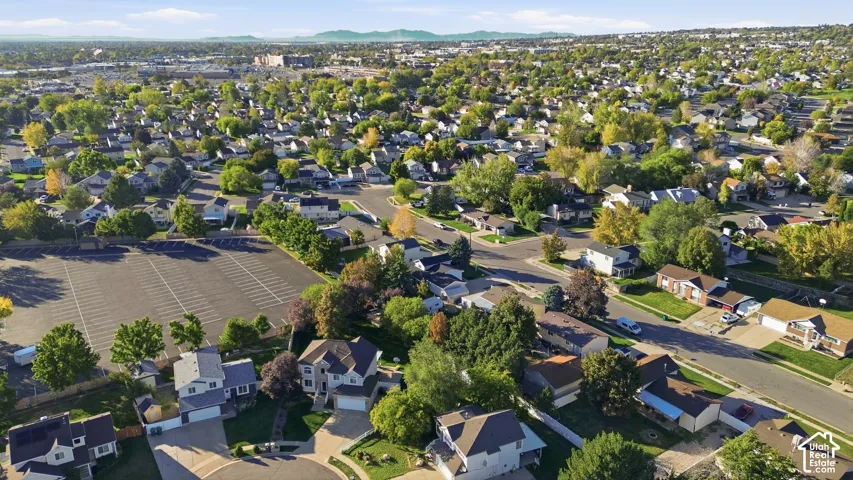 Aerial perspective featuring established residential streets, mature canopy trees, and mountain silhouettes