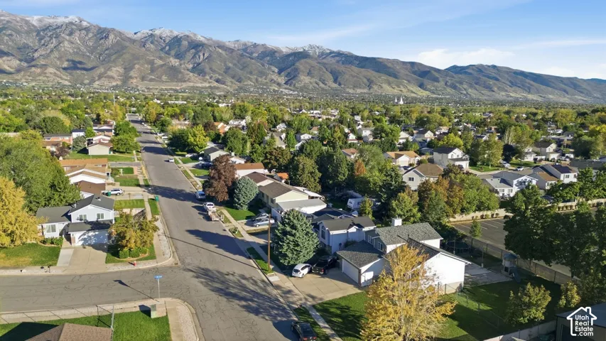 Aerial perspective of the residential area featuring a mountain backdrop, tree-lined streets, and mature landscaping