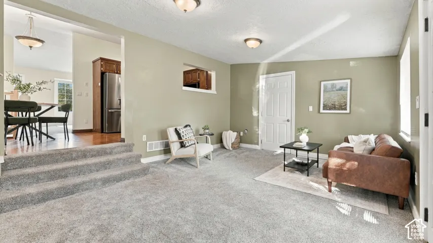 Interior living space featuring carpeted flooring, a multi-level floor plan with carpeted stairs, flush-mount ceiling lighting, and a window pass-through
