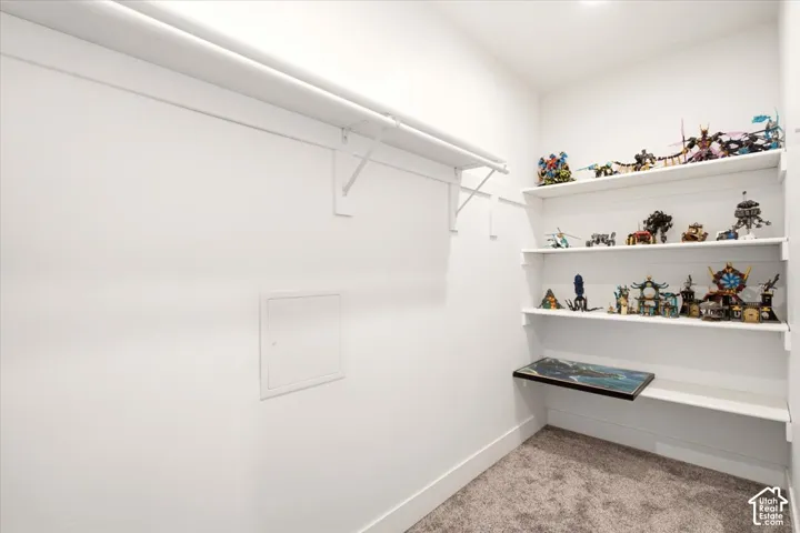 Walk-in storage space featuring full-length hanging rods, tiered built-in shelving, and neutral carpeting