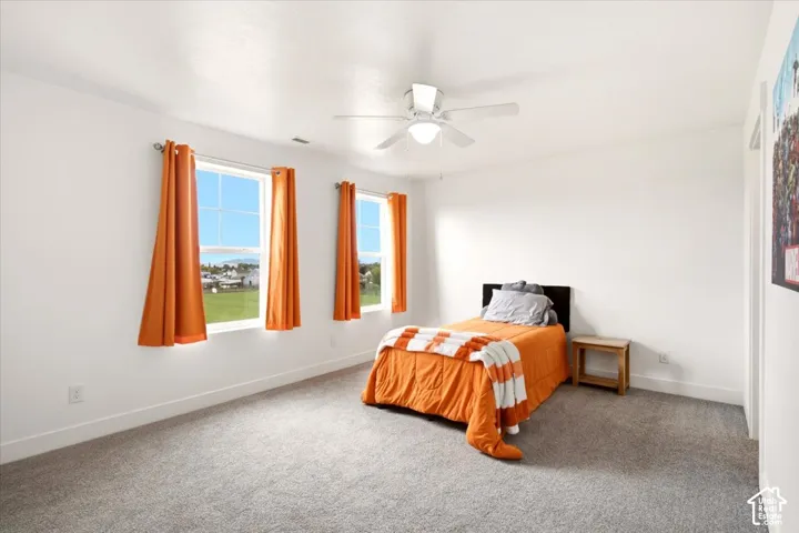 Neutral-toned wall-to-wall carpeting, dual windows with grid detailing, and a central ceiling fan with integrated lighting fixture