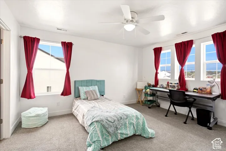 Neutral wall finishes, plush carpeting, multiple windows with grid detailing, and a ceiling-mounted light fixture with integrated fan