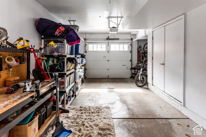 Garage featuring an automated overhead door with window panels, concrete flooring, built-in pegboard wall organizer, and a double-door storage closet