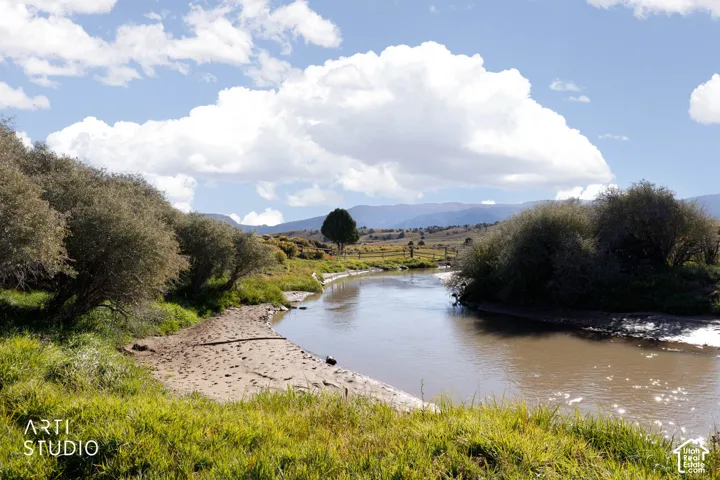 Natural water frontage featuring a winding creek, grassy embankments, mature vegetation, and a mountainous backdrop