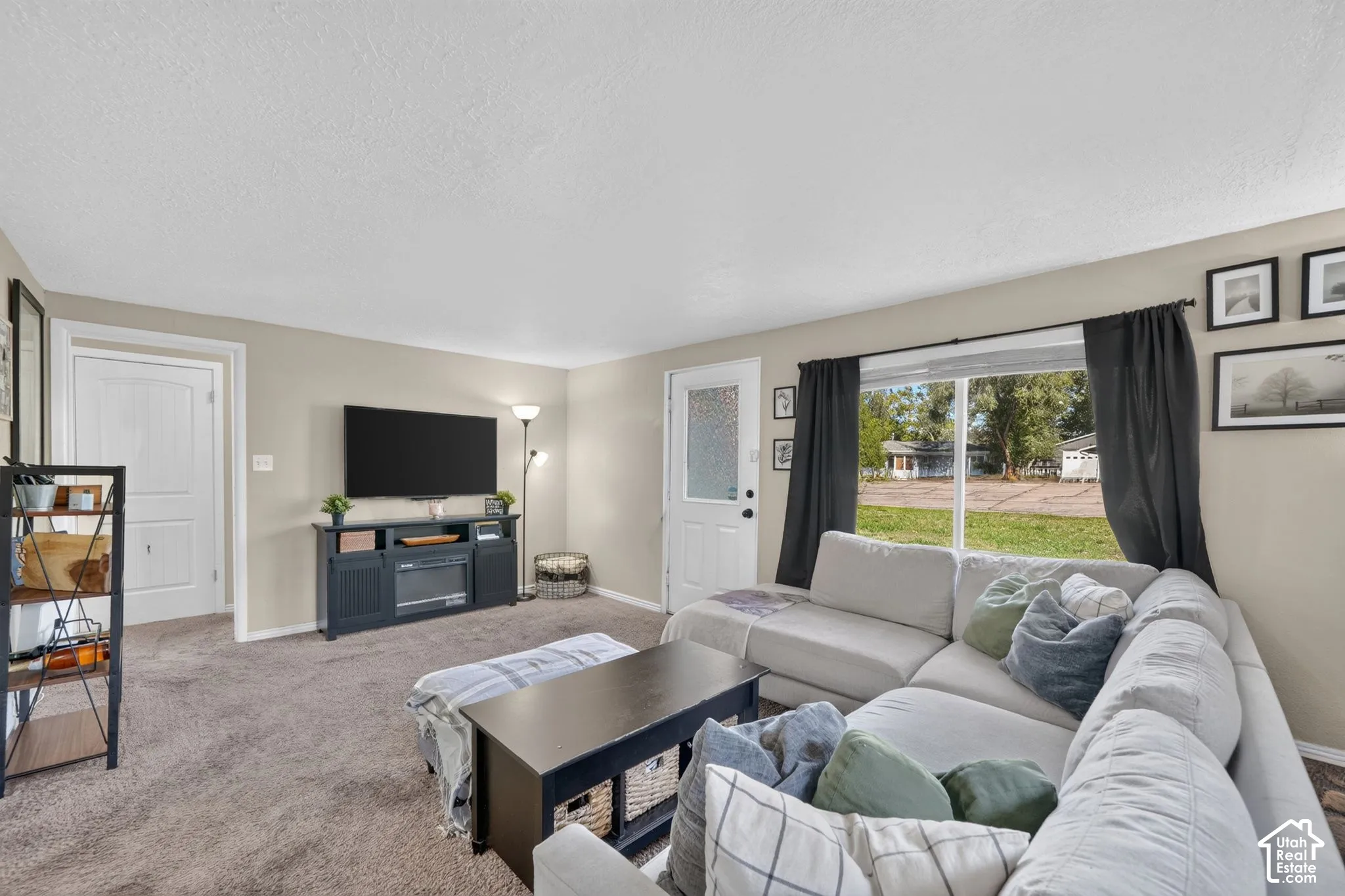 Living area featuring neutral wall paint, carpeting, a multi-pane window with natural light, and a white six-panel door