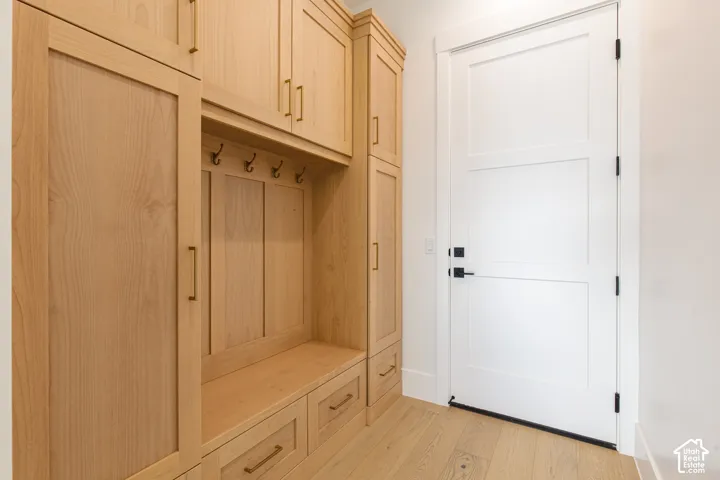 Custom built-in wood cabinetry featuring integrated storage lockers, drawers, and metallic hardware, complemented by wood-finish flooring and a solid-panel door with matte black hardware