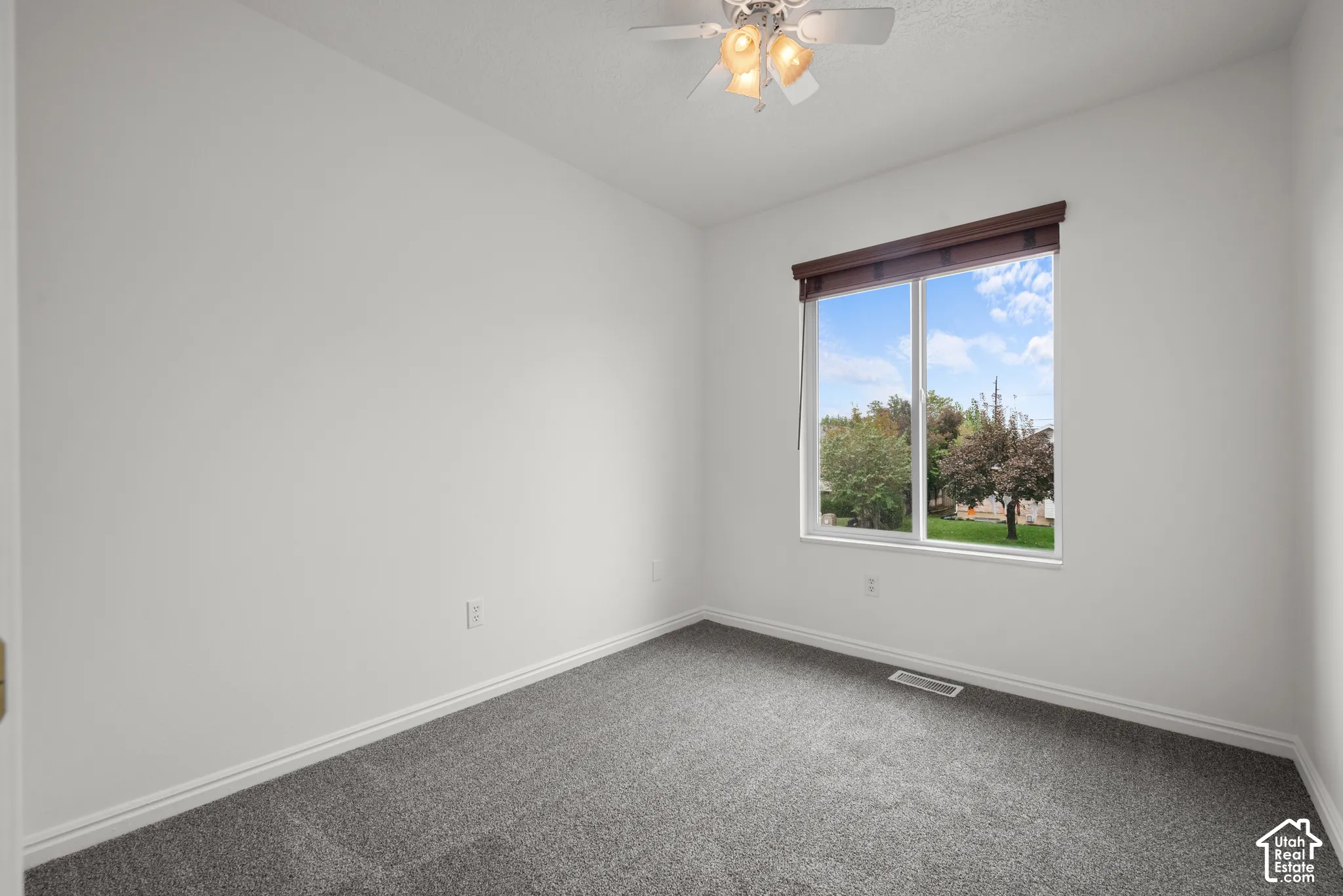 Neutral-toned wall-to-wall carpeting, single-hung window with dark-finish blinds, ceiling-mounted light fixture with frosted glass shades, and exterior greenery