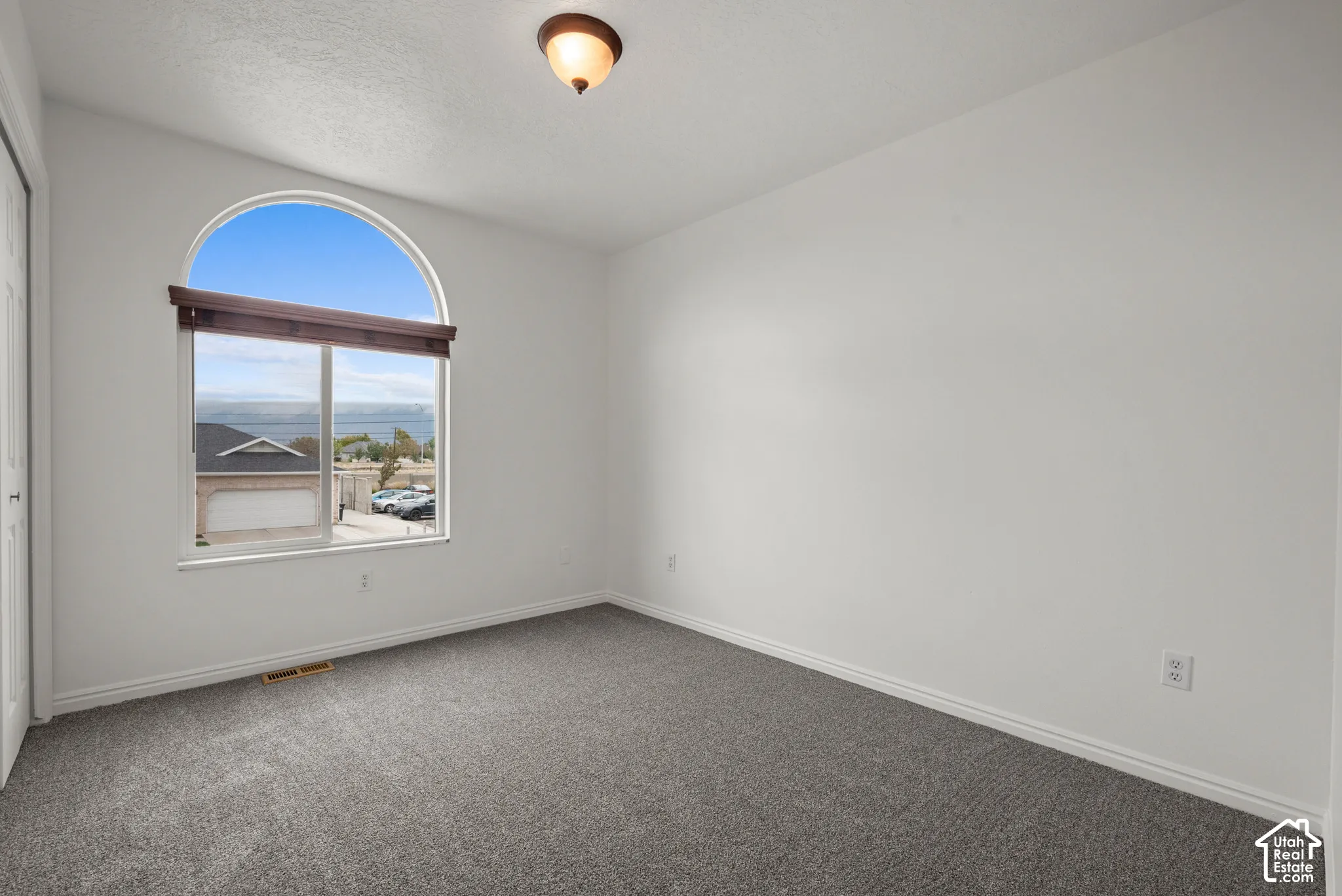 Room featuring arched window, neutral wall paint, carpeted flooring, and flush-mount ceiling lighting