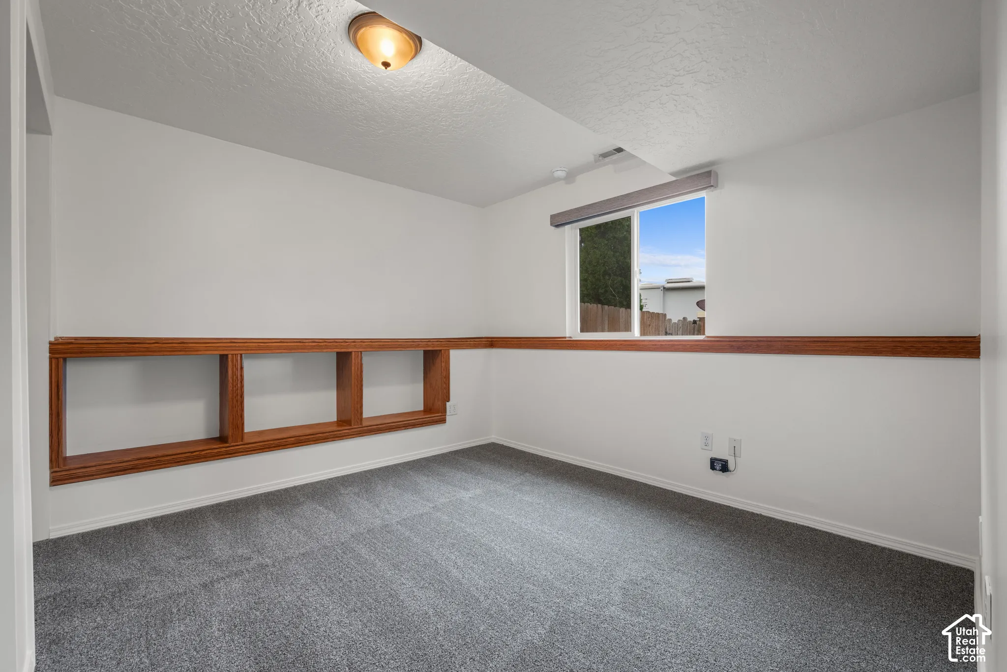 Room interior featuring neutral carpeting, built-in wooden shelving, a horizontal chair rail, and a single-pane sliding window with a window shade