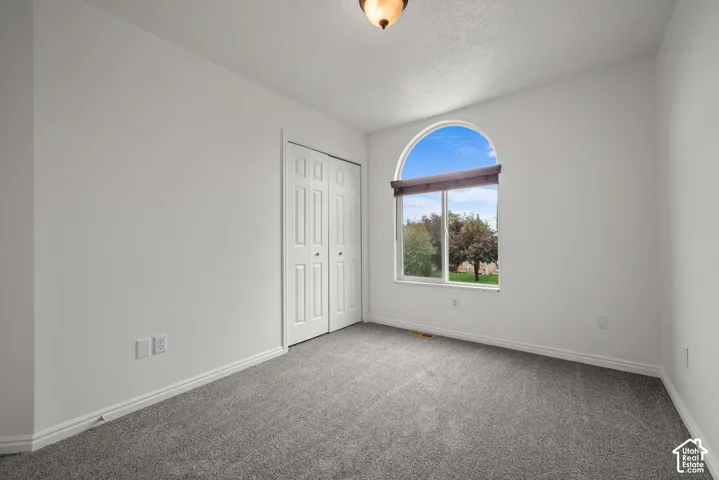 Room featuring arched window, dual-panel closet doors, wall-to-wall carpeting, and neutral paint palette