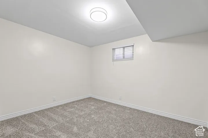 Neutral-toned carpeting, smooth-finish walls, ceiling-mounted light fixture, and horizontal window blinds