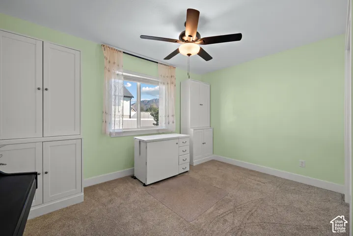Built-in floor-to-ceiling cabinetry, carpeted flooring, window with natural light, and a central ceiling fan with an integrated light fixture