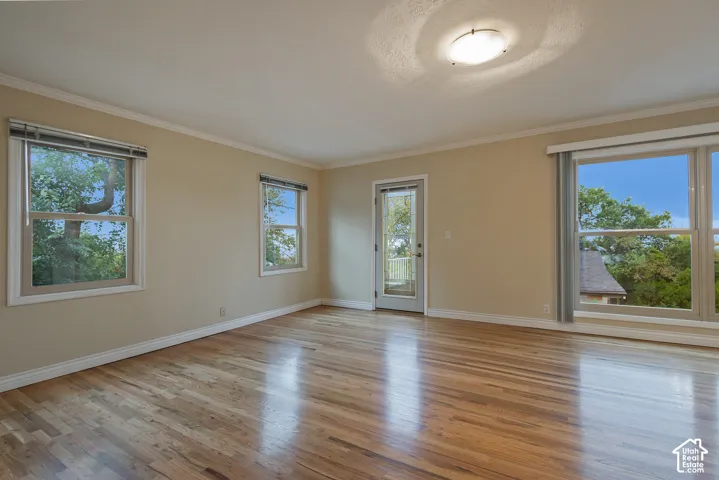 Interior space featuring wood-finish flooring, neutral wall paint, crown molding, multiple windows, and a glass-paneled exterior door