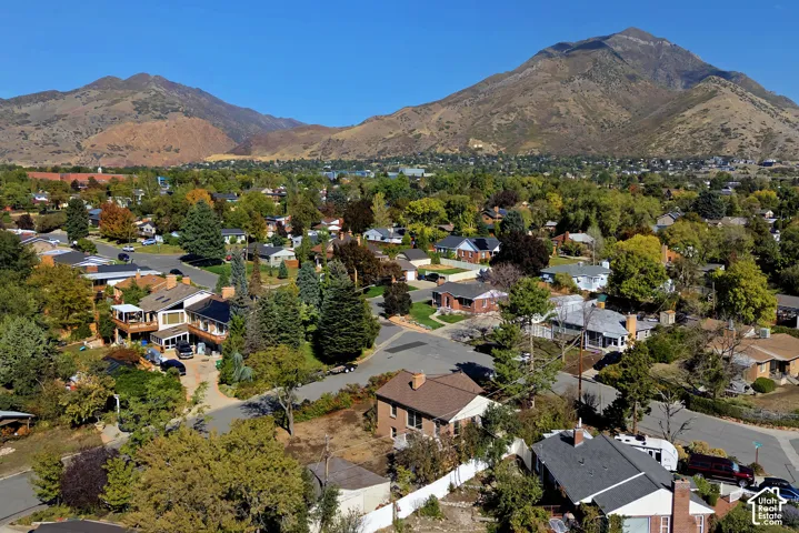 Aerial perspective of a residential neighborhood featuring established mature trees and prominent mountain backdrops