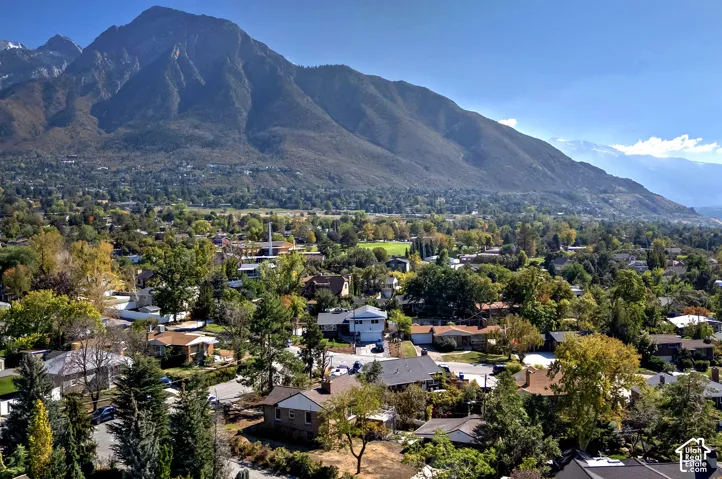 Aerial perspective featuring a prominent mountain backdrop, mature trees, and established neighborhood landscaping