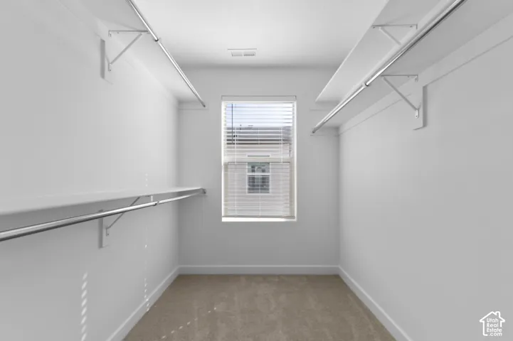 Walk-in closet featuring carpet flooring, dual-level wall-mounted shelving, integrated metal hanging rods, and a window with blinds