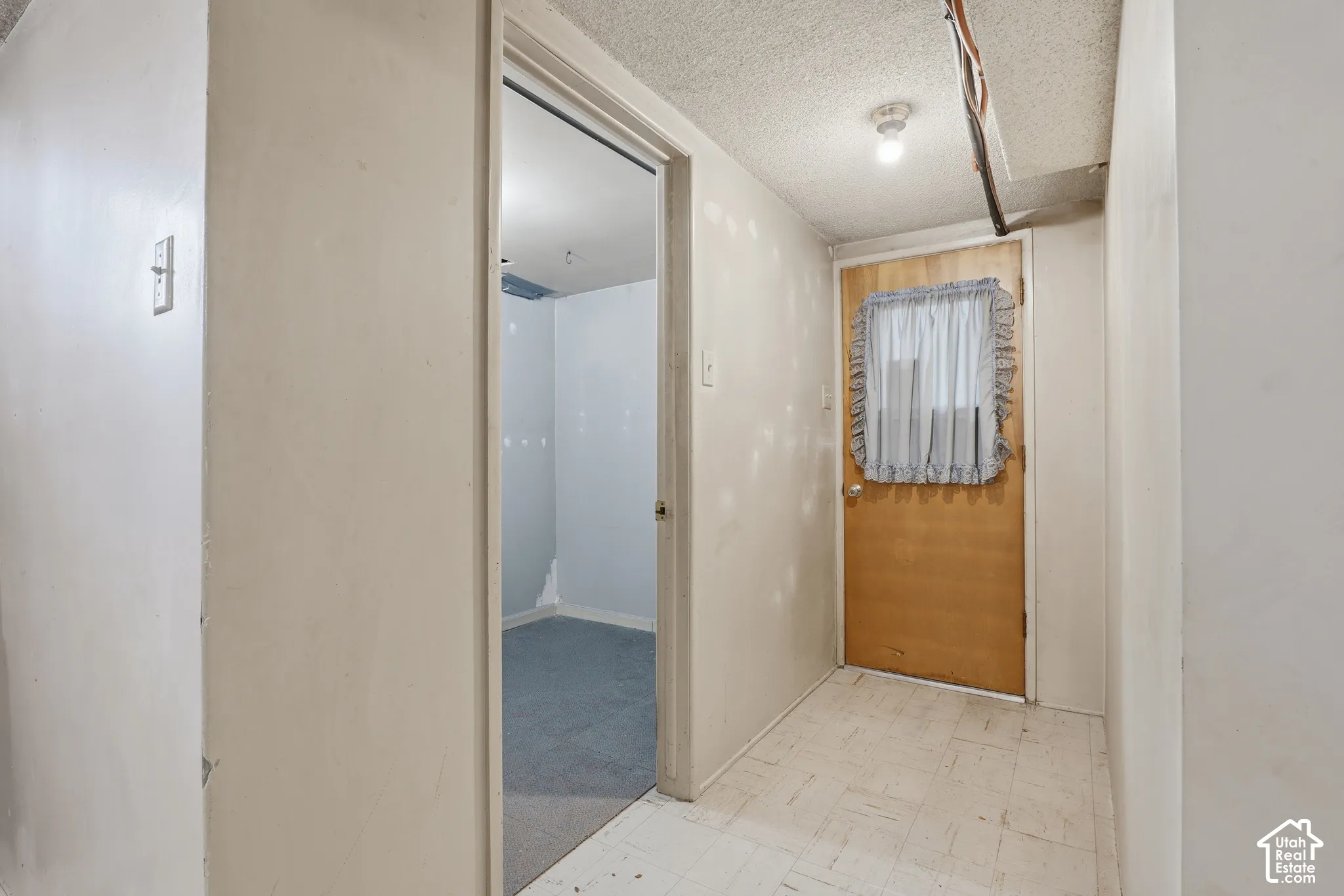 Interior area featuring neutral-toned wall paint, a textured ceiling, a flush-mount light fixture, and a solid wood door