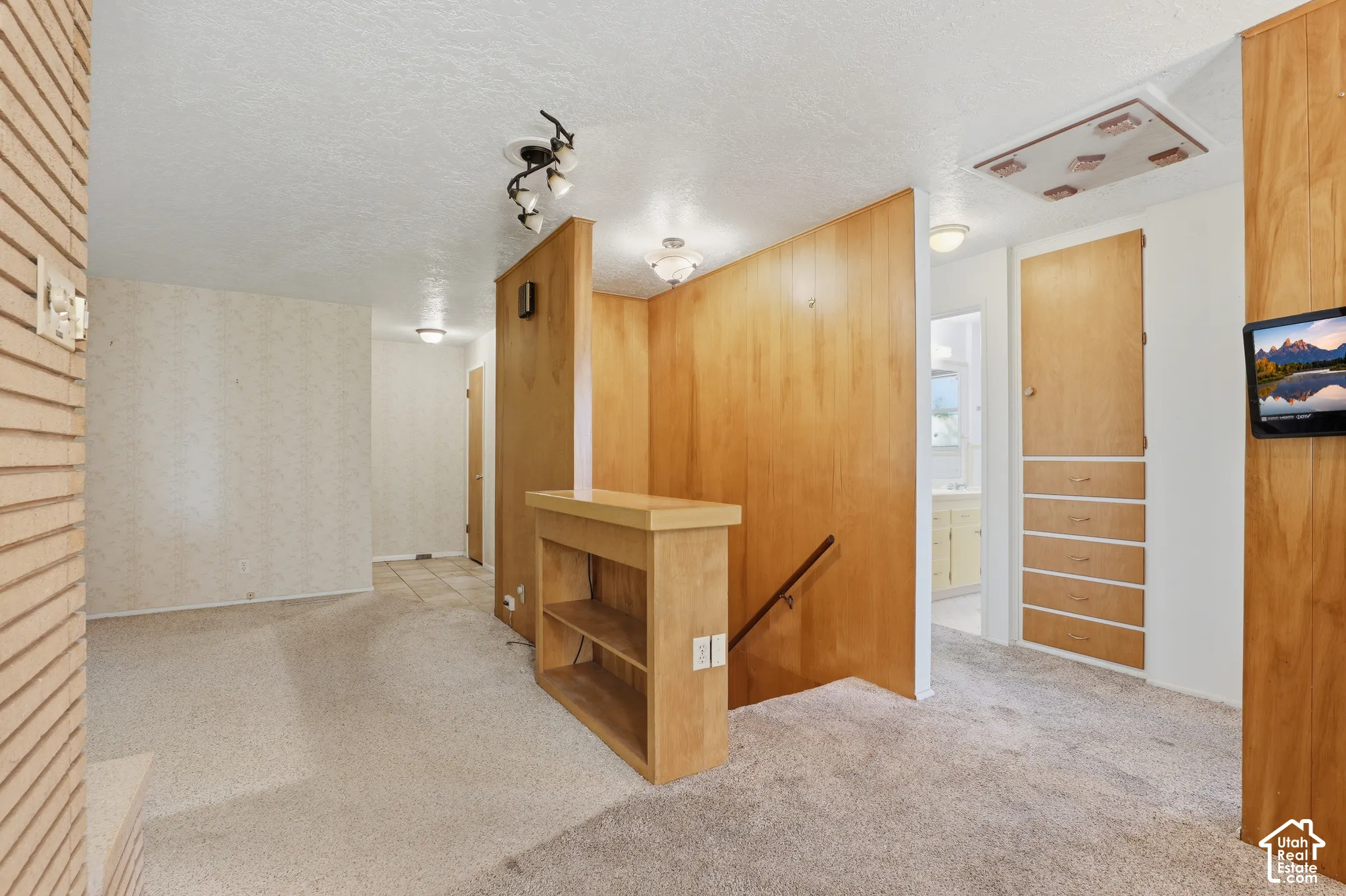 Interior space featuring wood-paneled partition walls, built-in floor-to-ceiling storage cabinetry, a wood-finish half-wall shelving unit, and multiple track and flush-mount light fixtures