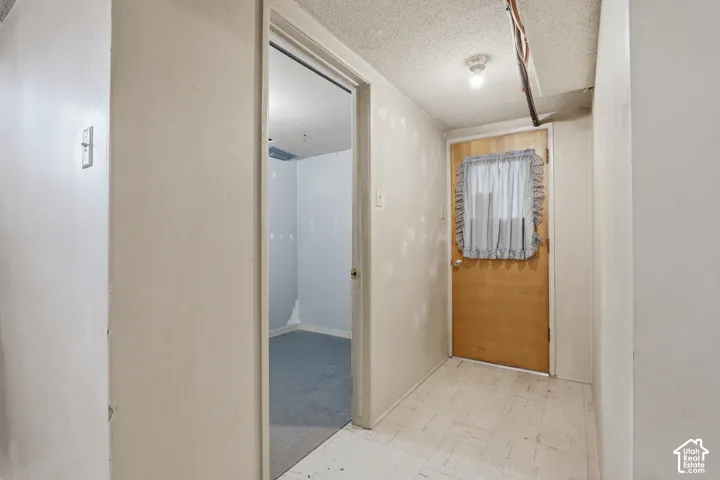 Interior area featuring neutral-toned wall paint, a textured ceiling, a flush-mount light fixture, and a solid wood door