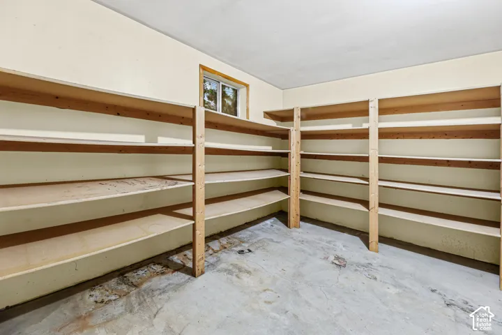 Storage area featuring wrap-around wooden shelving units and a singular window with a wood frame