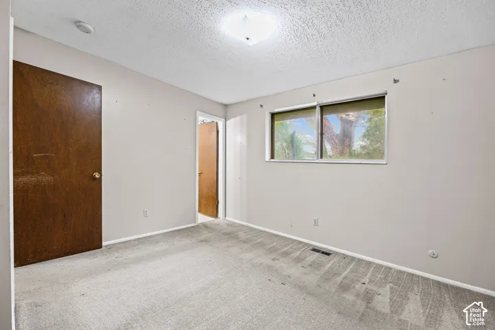 Primary bedroom Neutral-toned interior space featuring wall-to-wall carpeting, wood-finish interior doors, a window with exterior exposure, and a flush-mount ceiling fixture