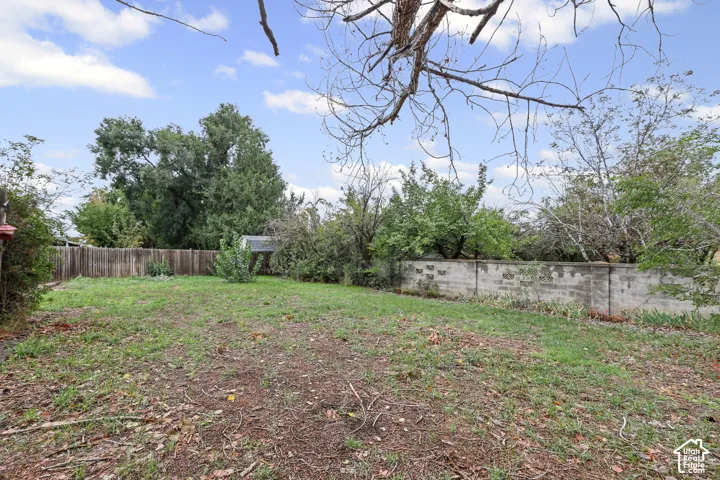 Backyard area featuring mature trees, wood fencing, and a concrete masonry block perimeter wall