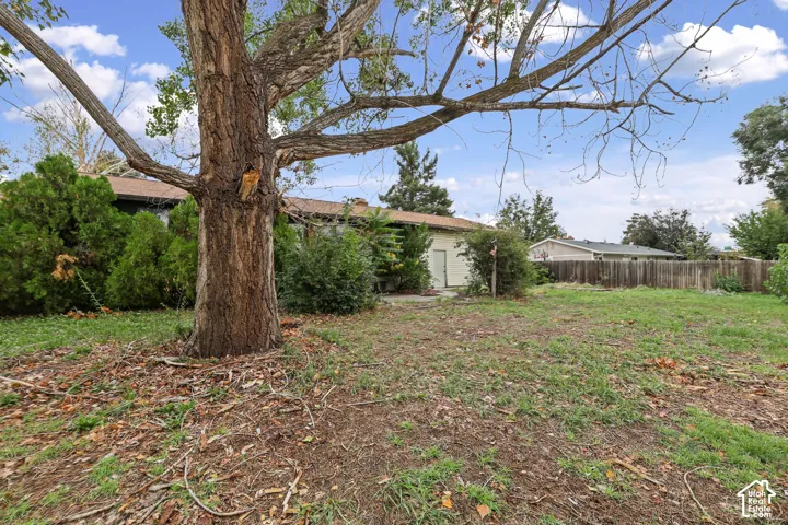 Backyard featuring a mature tree, natural landscaping, and wood perimeter fencing