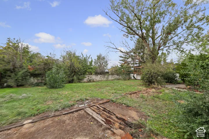 Expansive backyard featuring a stone masonry perimeter wall, mature trees, and timber landscaping borders