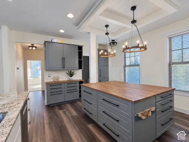 Kitchen featuring custom grey cabinetry, wood-surface center island, recessed ceiling panel with pendant lighting, and wood-finish flooring