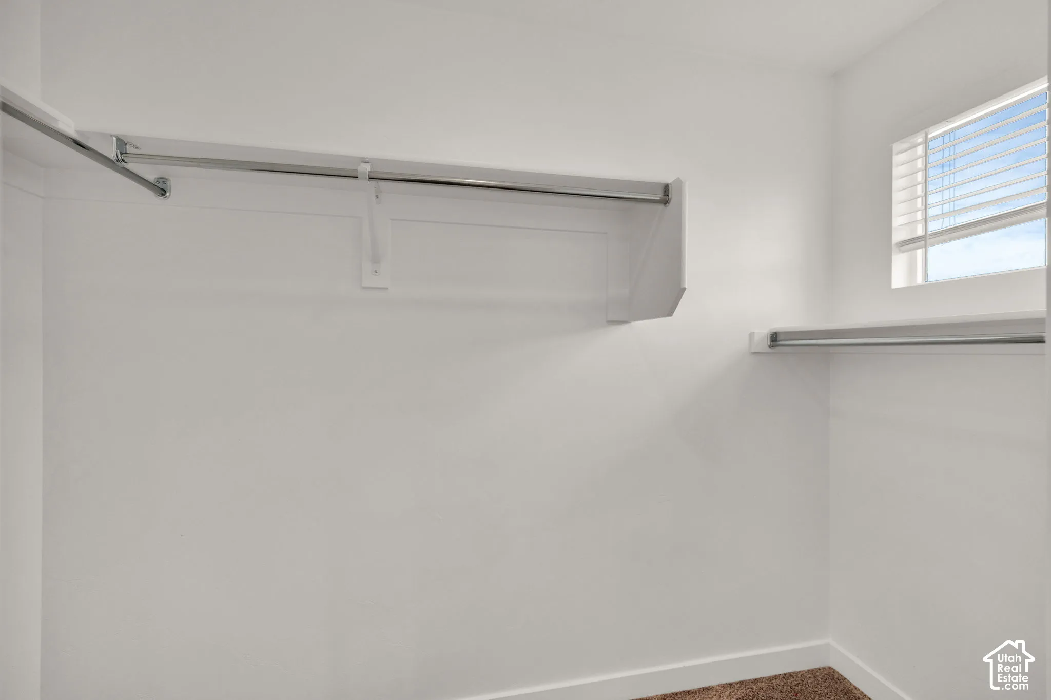 Storage area featuring white walls, carpeted flooring, metal hanging rods, and a window with horizontal blinds