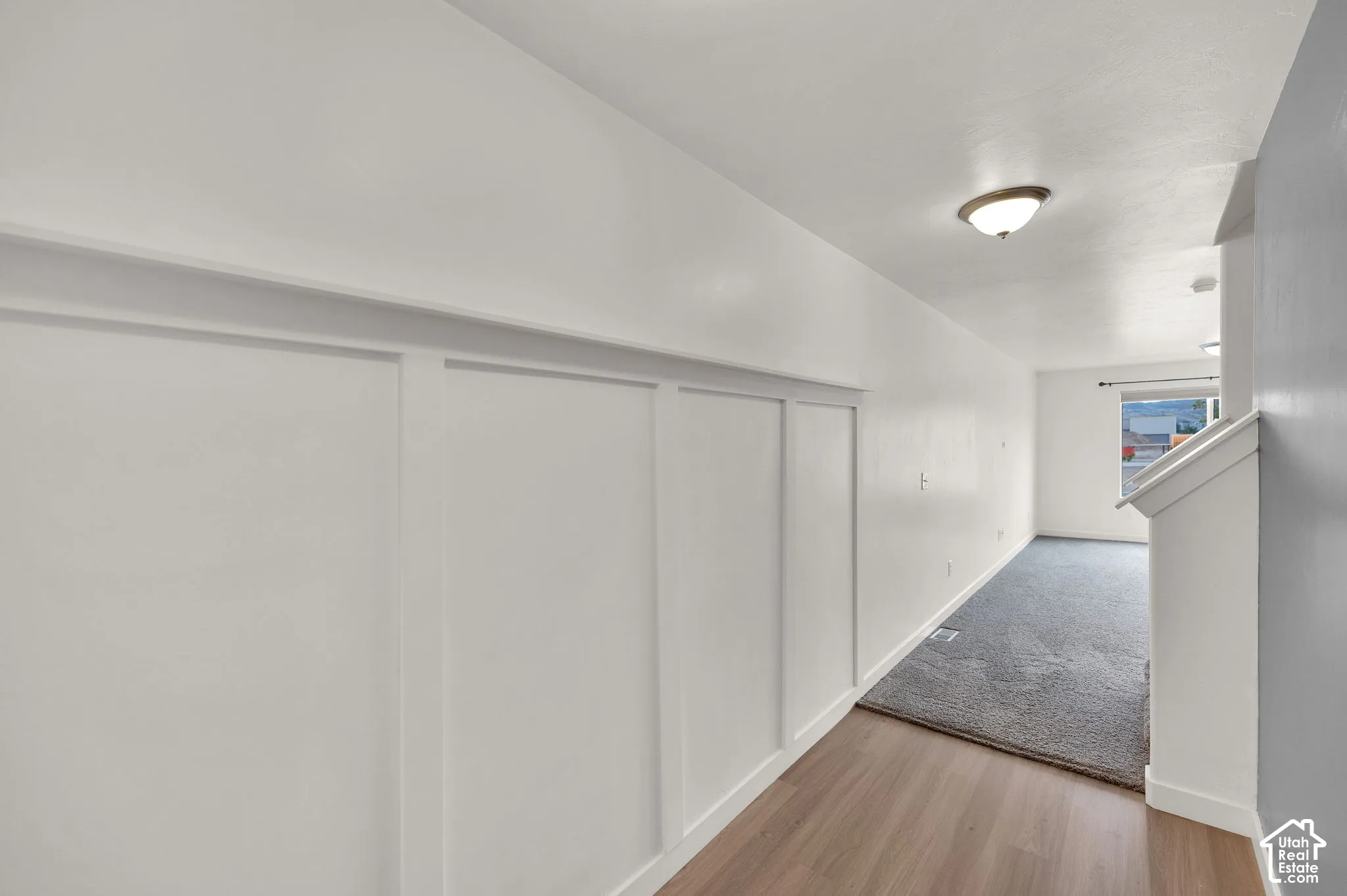 Interior featuring wainscoting wall paneling, wood-finish flooring, carpeted flooring, and flush-mount ceiling lighting